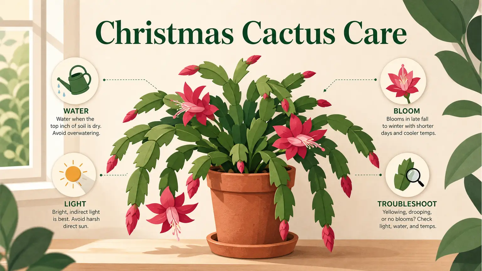 Premium illustrated Christmas cactus in a pot for a soil and drainage guide