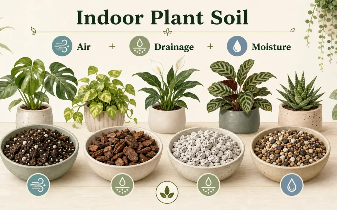 Illustrative indoor plant soil guide showing potting mix, bark, perlite, and gritty mix for houseplants