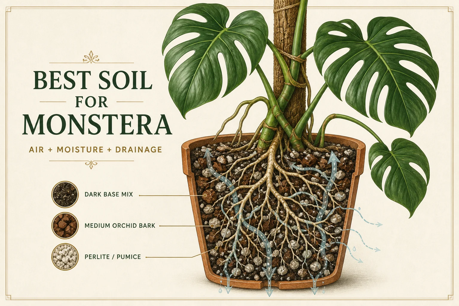 Editorial cutaway of Monstera roots in airy potting mix with bark and perlite