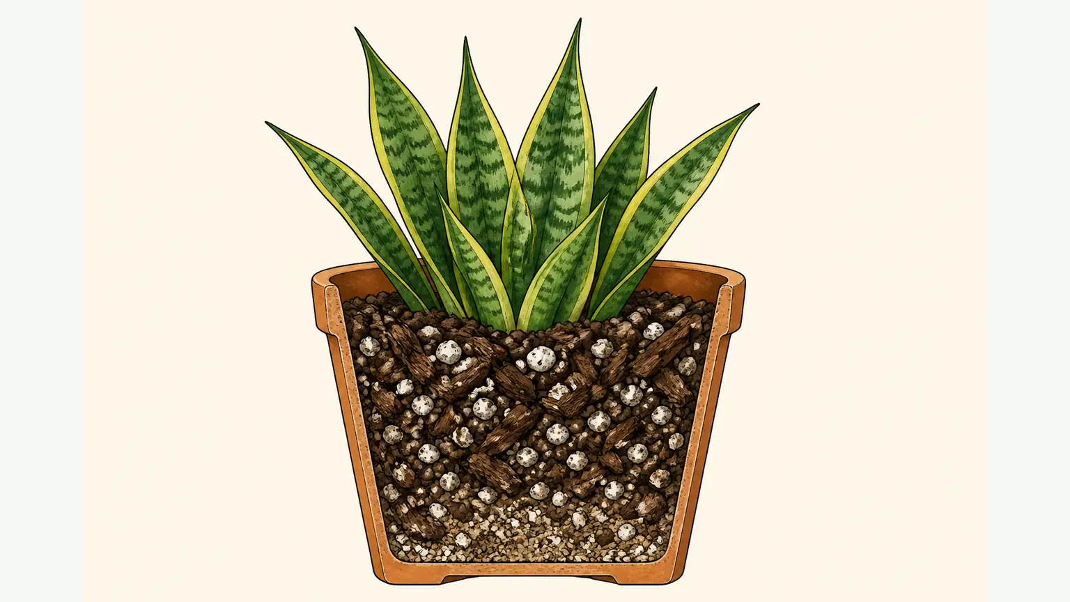 Illustrated cross-section of best soil for snake plant in a terracotta pot