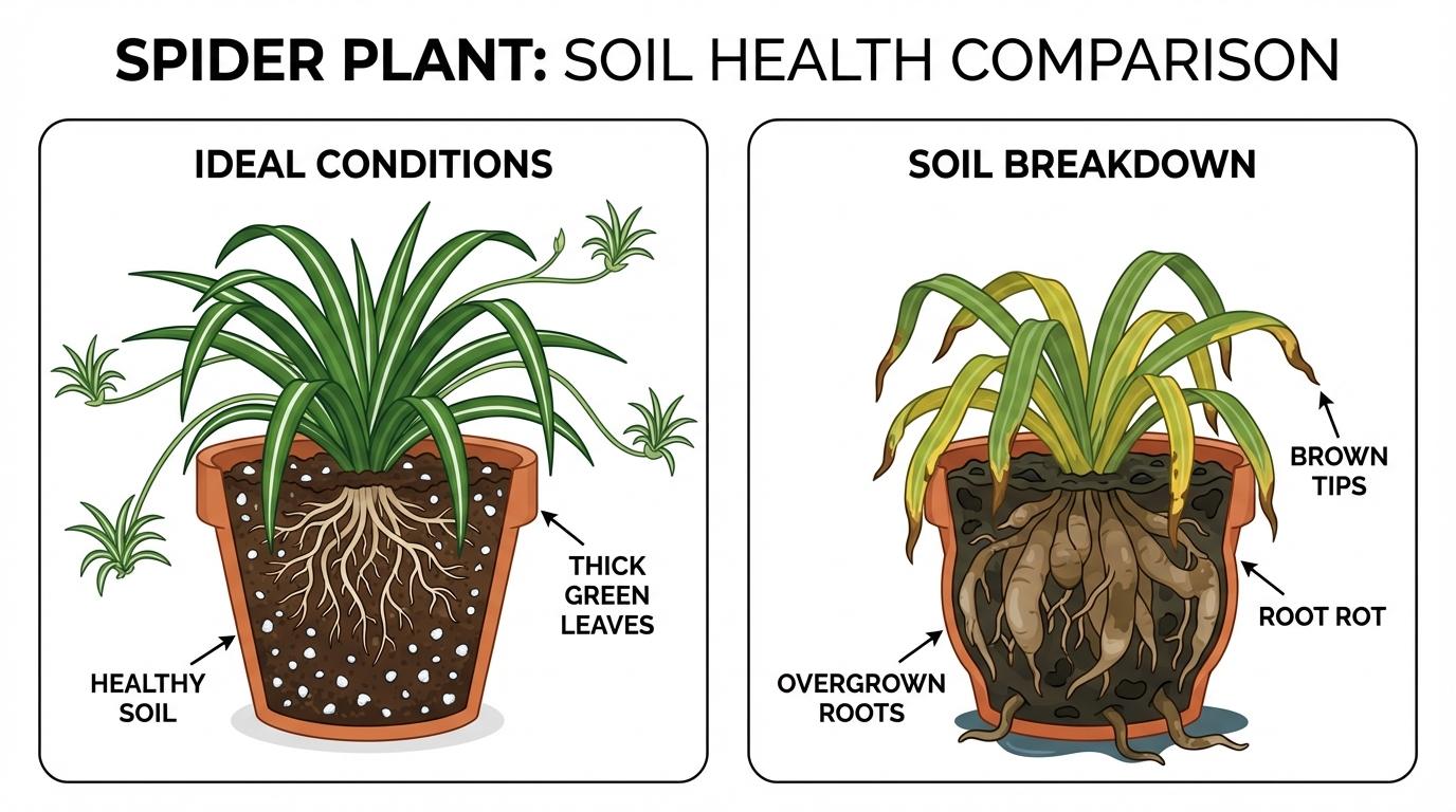 best soil for spider plant comparison showing healthy roots vs root rot and brown tips caused by soil breakdown.