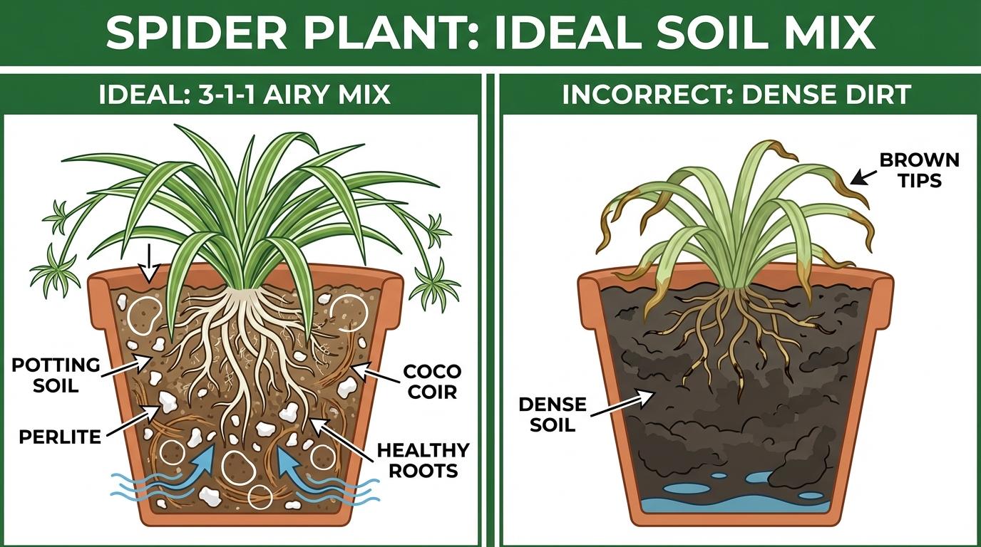 best soil for spider plant comparison showing airy 3-1-1 mix with perlite versus dense compacted garden dirt.