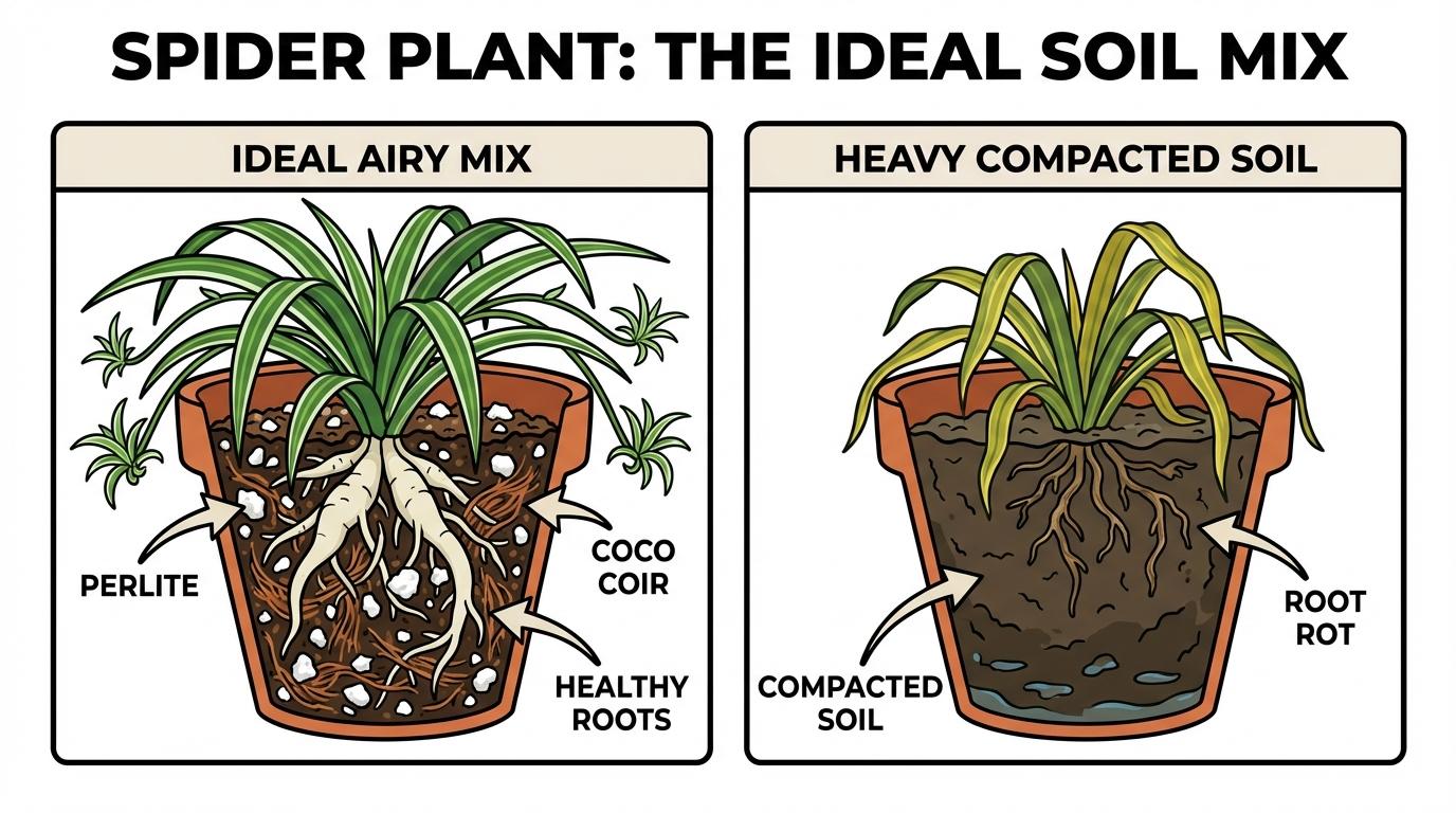 best soil for spider plant comparison showing an ideal 60/20/20 airy mix versus heavy compacted soil.