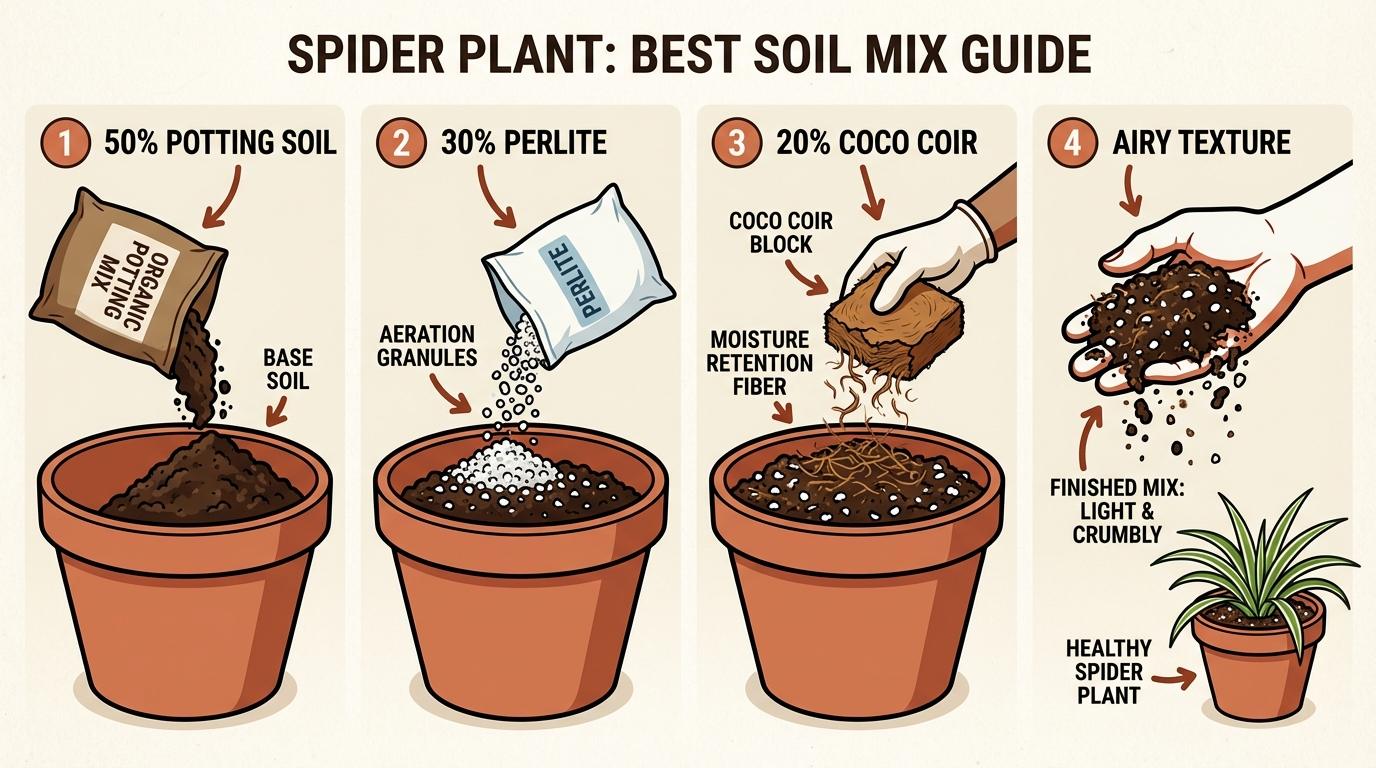 best soil for spider plant infographic showing a 3-part recipe of potting soil, perlite, and coco coir.