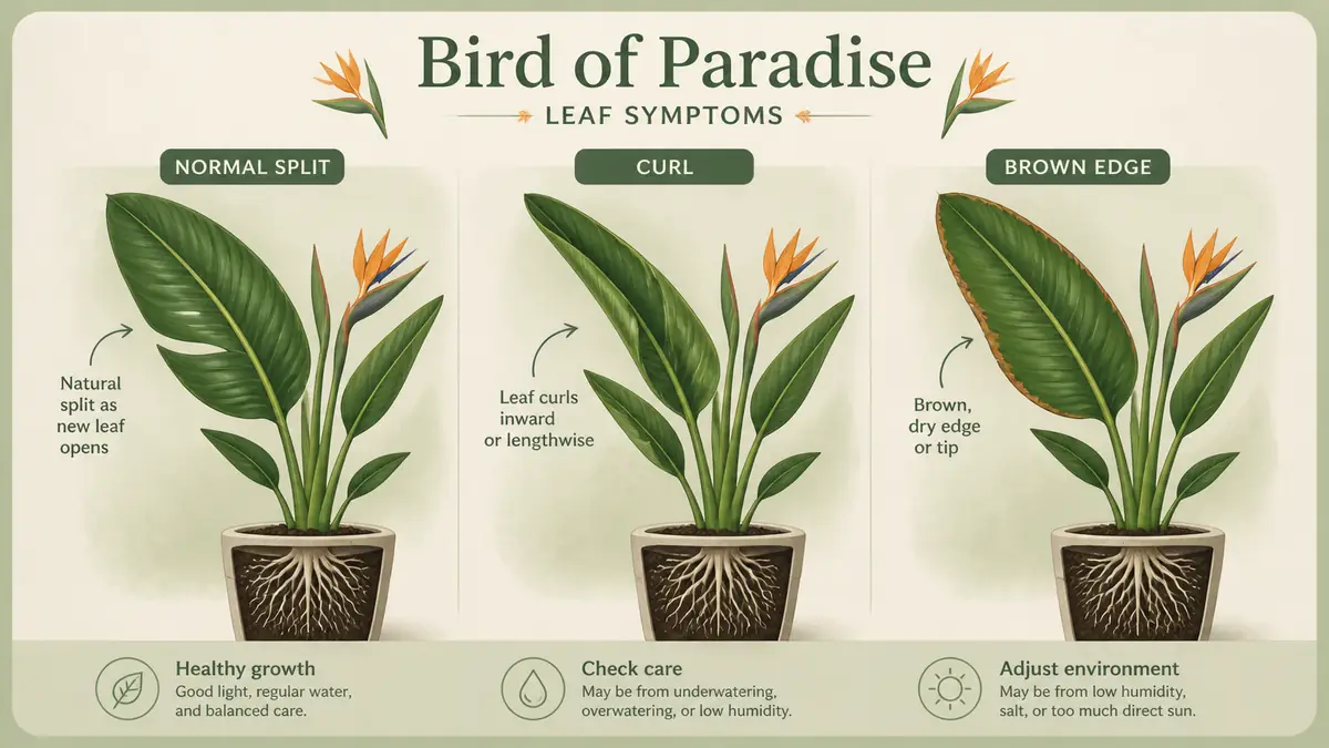 bird of paradise leaf splits curling and brown edges symptom guide