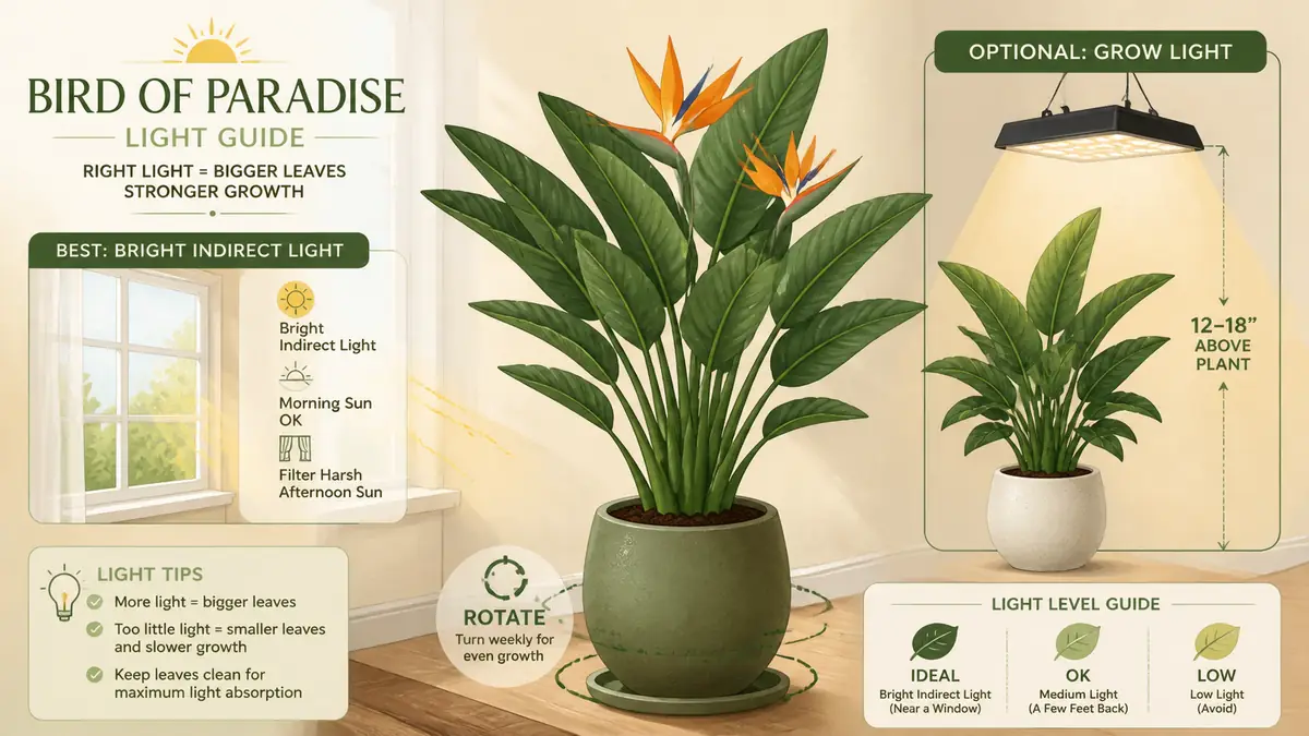 bird of paradise light placement guide near bright window and grow light