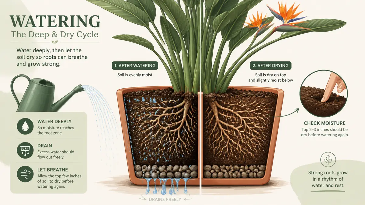 bird of paradise watering and root zone drainage infographic
