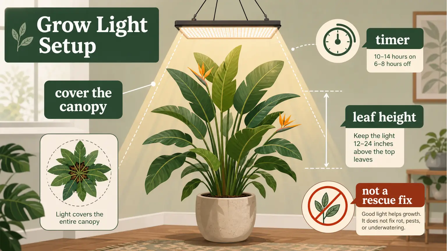 Illustrated grow light setup for a large Bird of Paradise houseplant