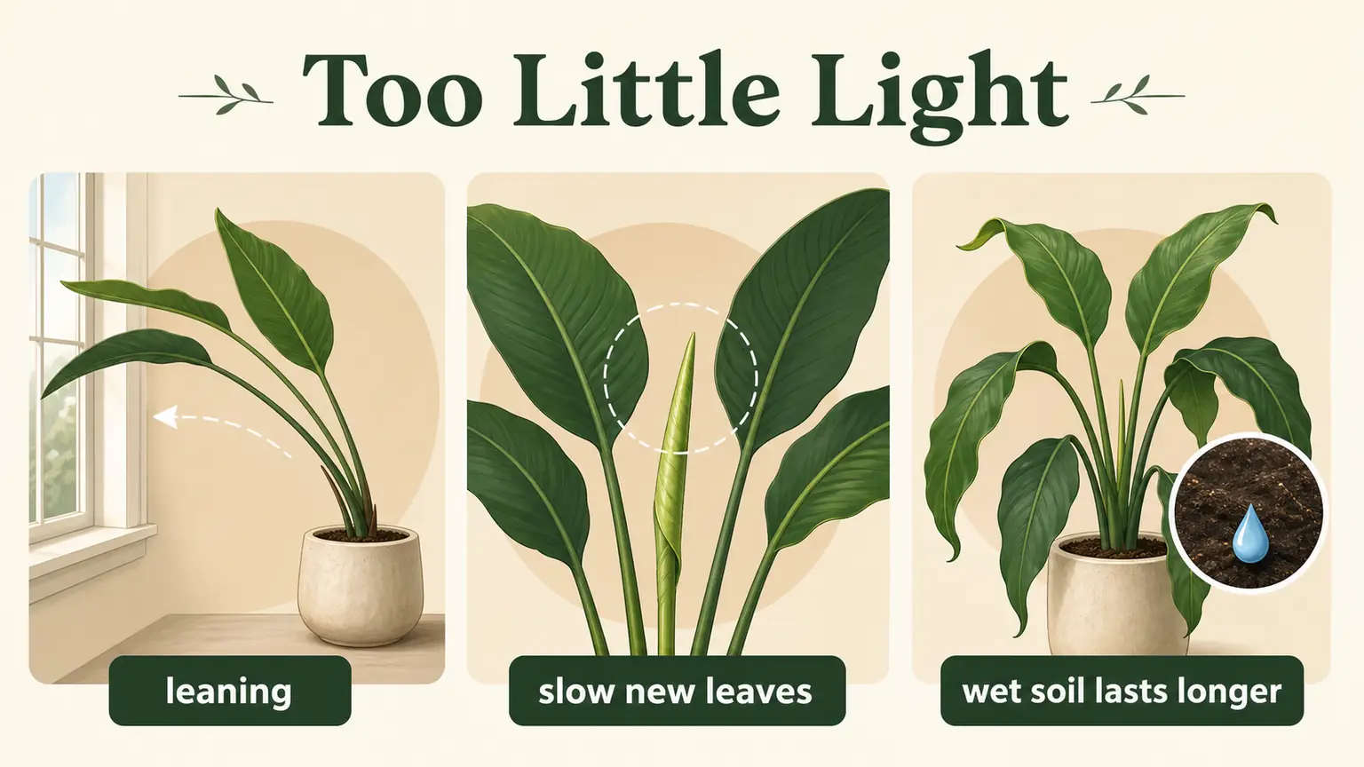 Illustrated signs of too little light on a Bird of Paradise houseplant