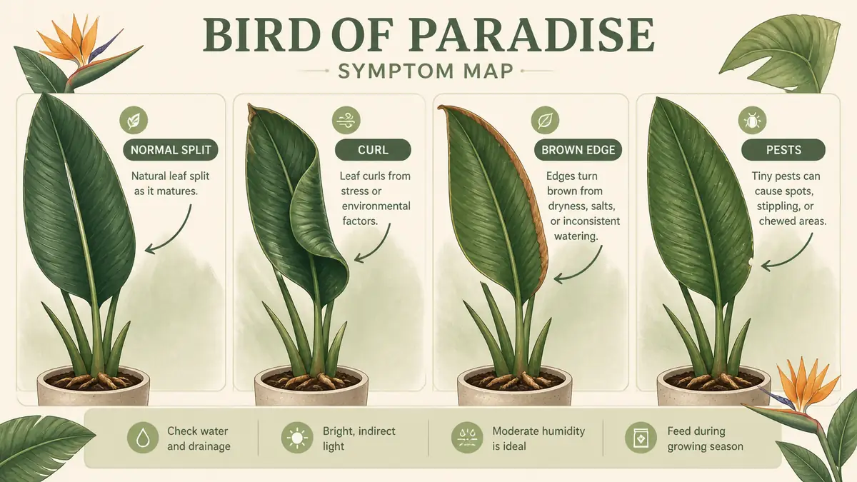 bird of paradise problems symptom comparison curling split brown edge