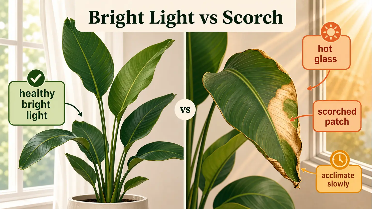 Illustrated healthy bright light versus sun scorch on Bird of Paradise leaves