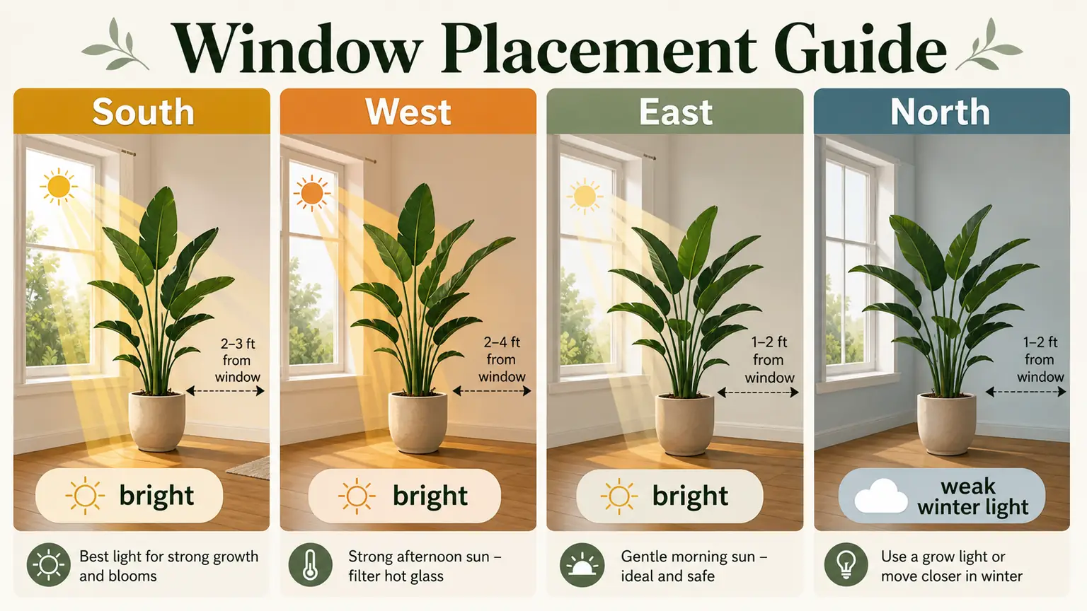 Illustrated Bird of Paradise window placement guide for south, west, east, and north windows