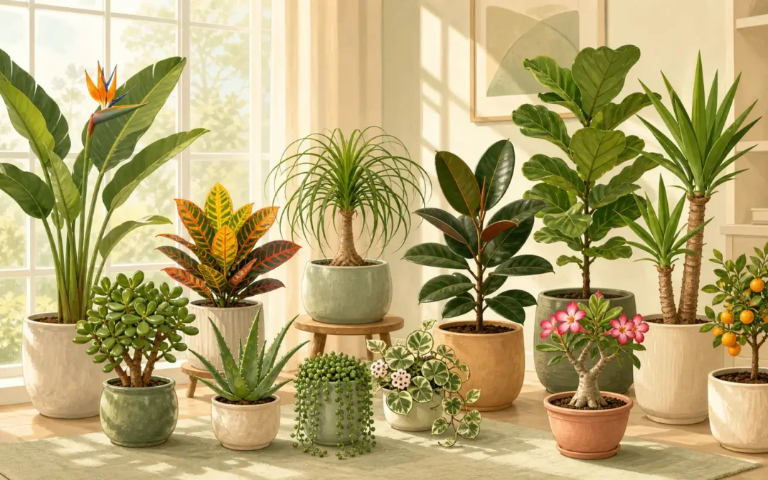 Illustrated lineup of bright light indoor plants near a sunny window