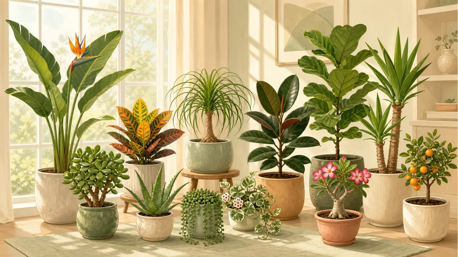 Illustrated lineup of bright light indoor plants near a sunny window