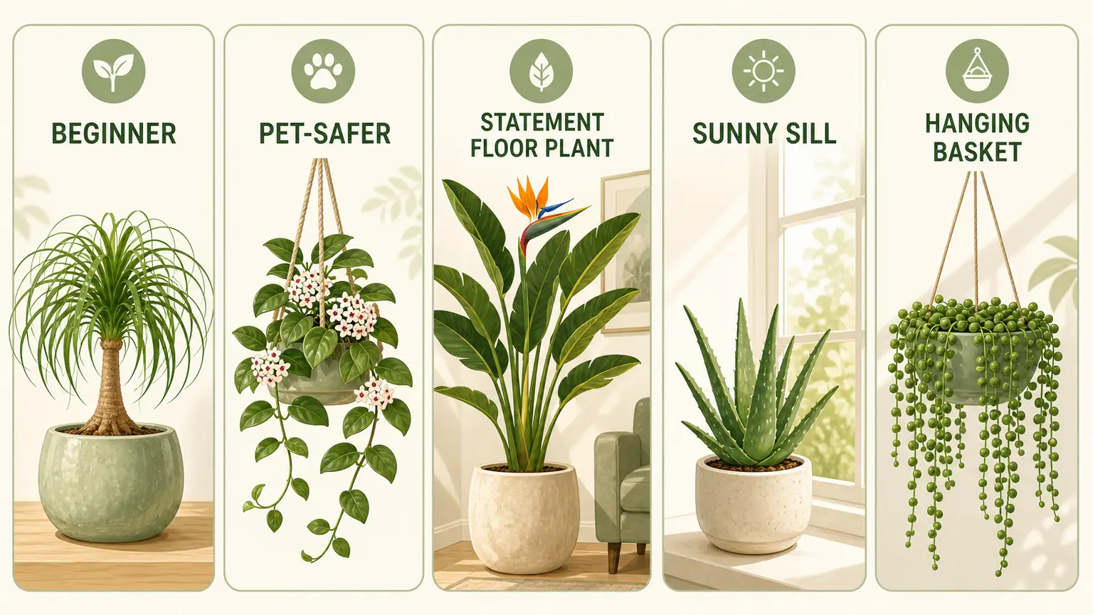 Illustrated bright light indoor plant picker for beginners, pets, statement plants, sunny sills, and hanging baskets