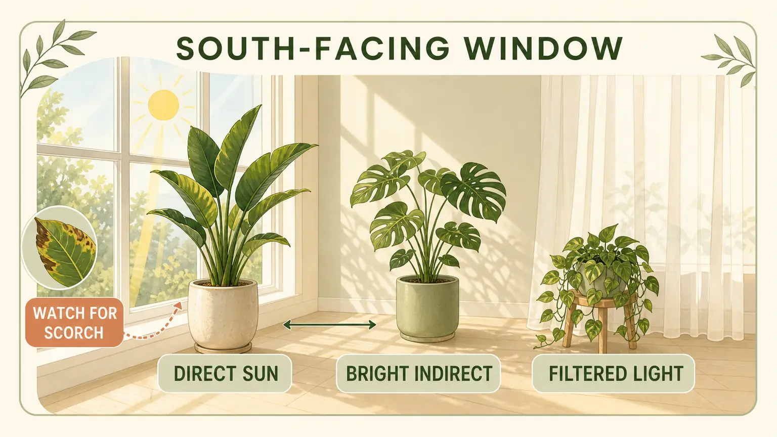 Illustrated bright light window placement guide showing direct sun, bright indirect light, and filtered light