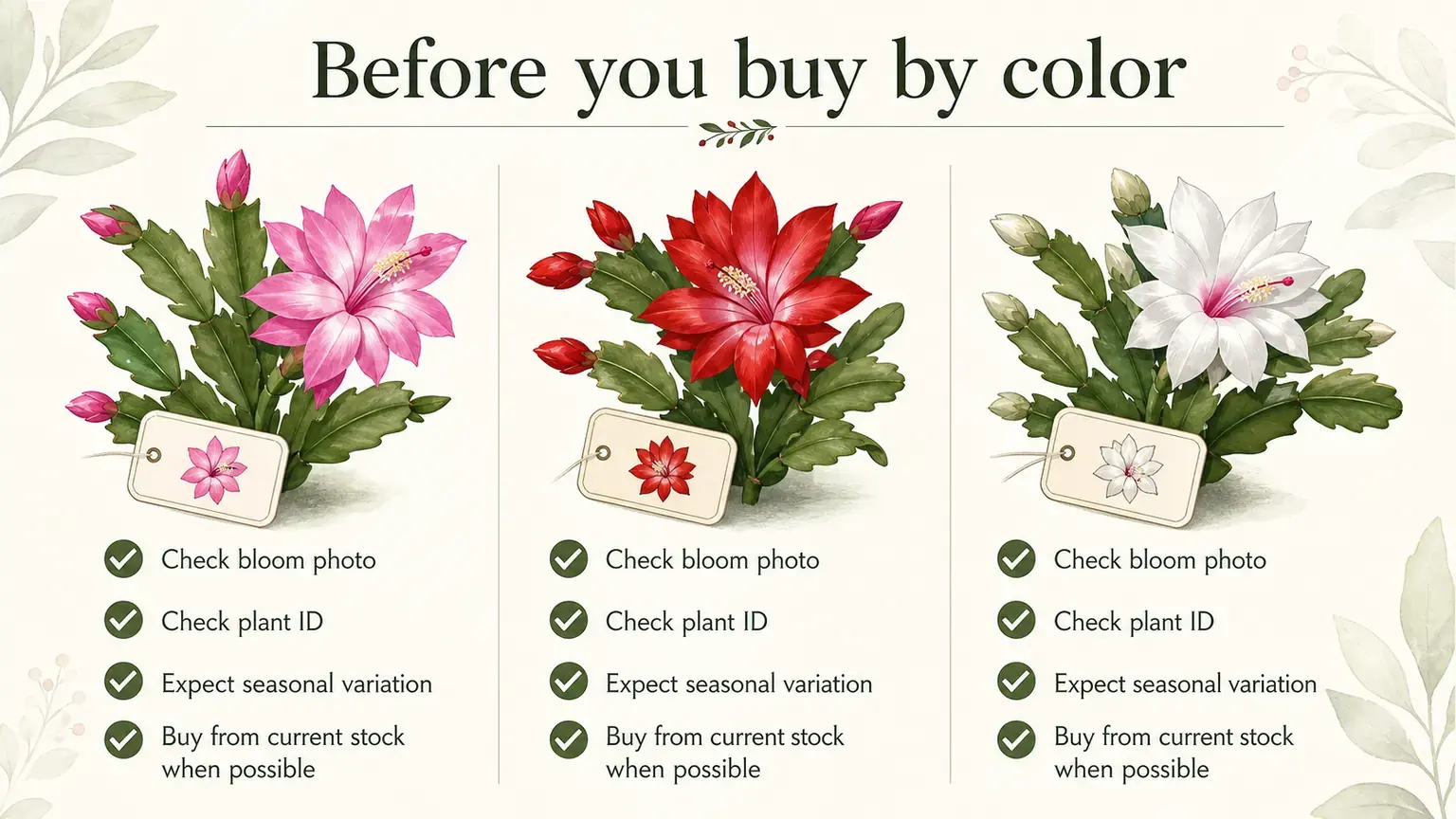 Labeled buying guide for checking Christmas cactus bloom color plant ID and current stock