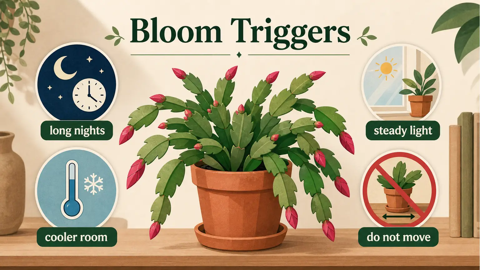 Illustrated Christmas cactus bloom trigger guide with long nights, cooler room, steady light, and no sudden moving