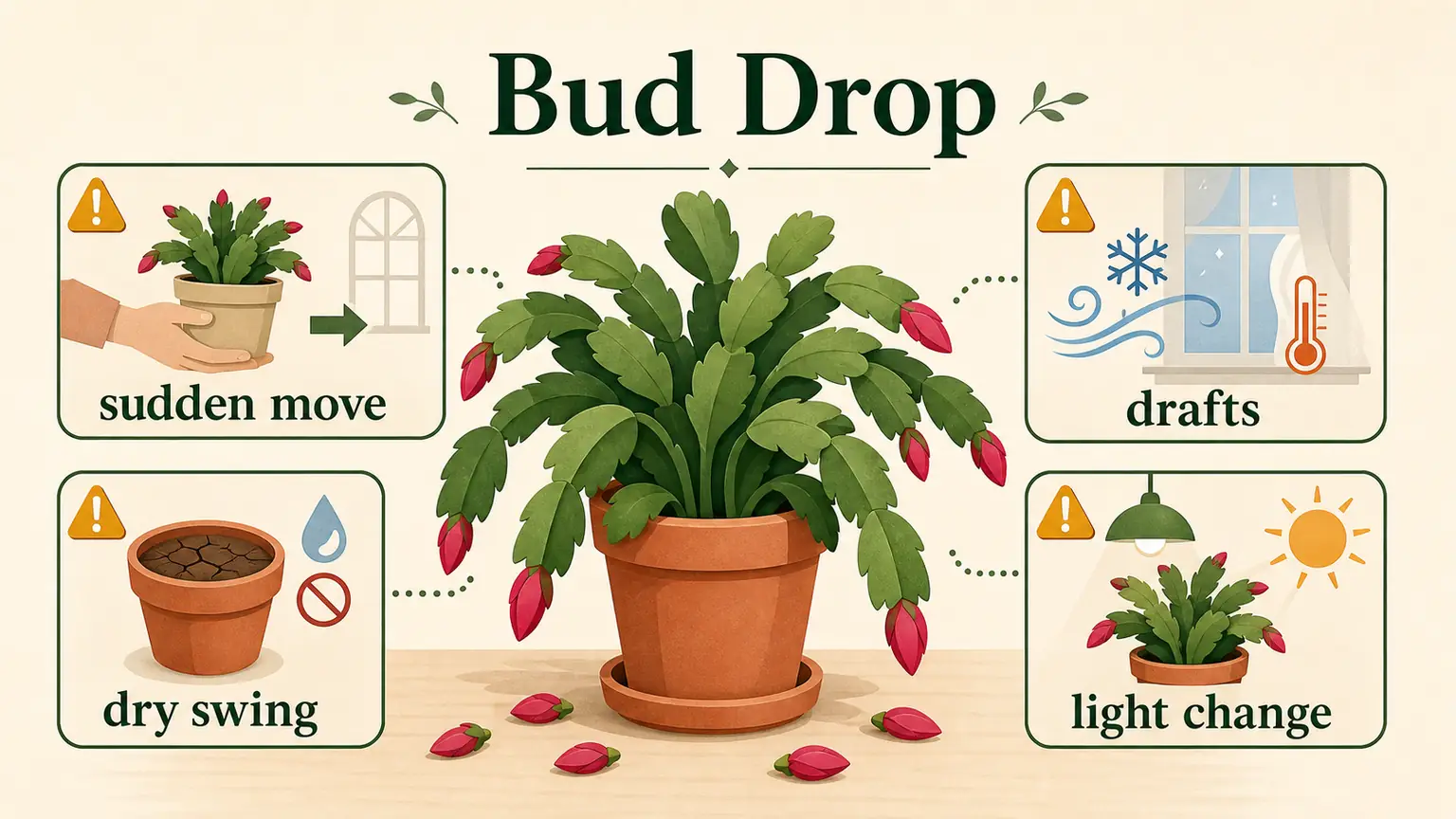 Illustrated Christmas cactus bud drop guide showing sudden movement, dry swings, drafts, and light changes