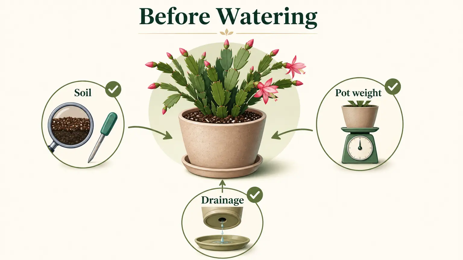 Illustrated before-watering checklist for Christmas cactus using soil, pot weight, and drainage