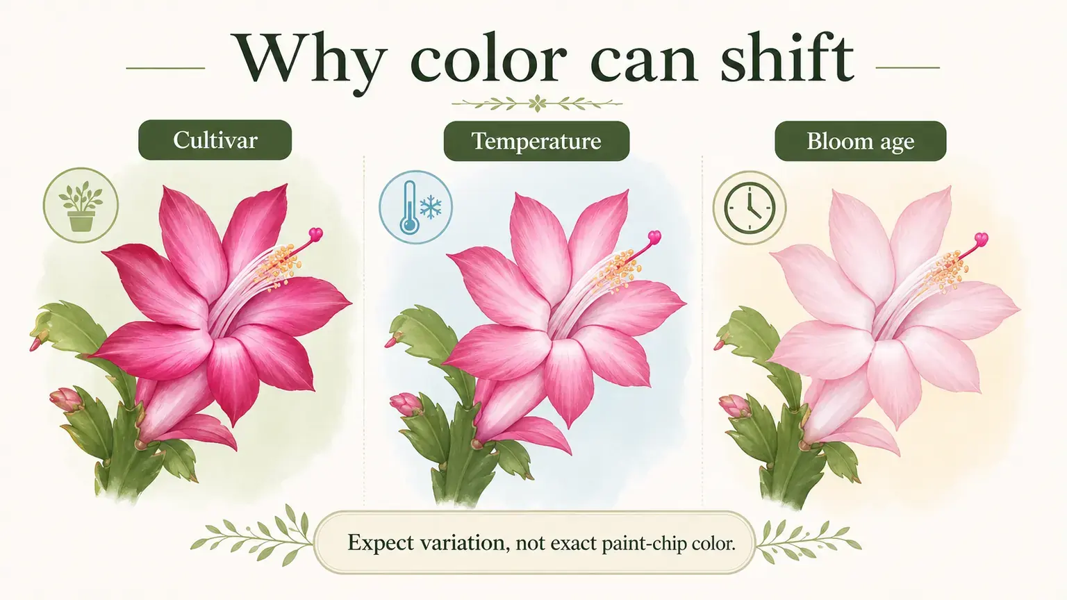 Labeled guide showing Christmas cactus flower shade can shift with cultivar temperature and bloom age