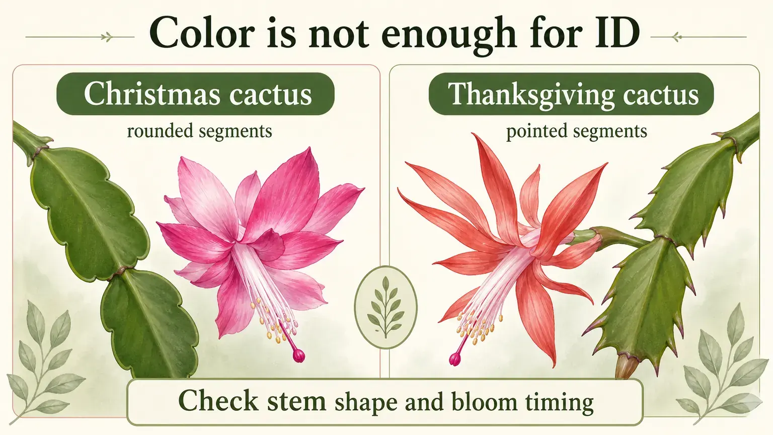 Labeled holiday cactus comparison showing flower color is not enough for Christmas cactus identification