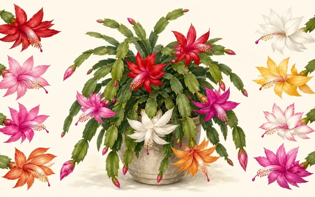 Illustrated Christmas cactus with red pink white orange and yellow flower color examples