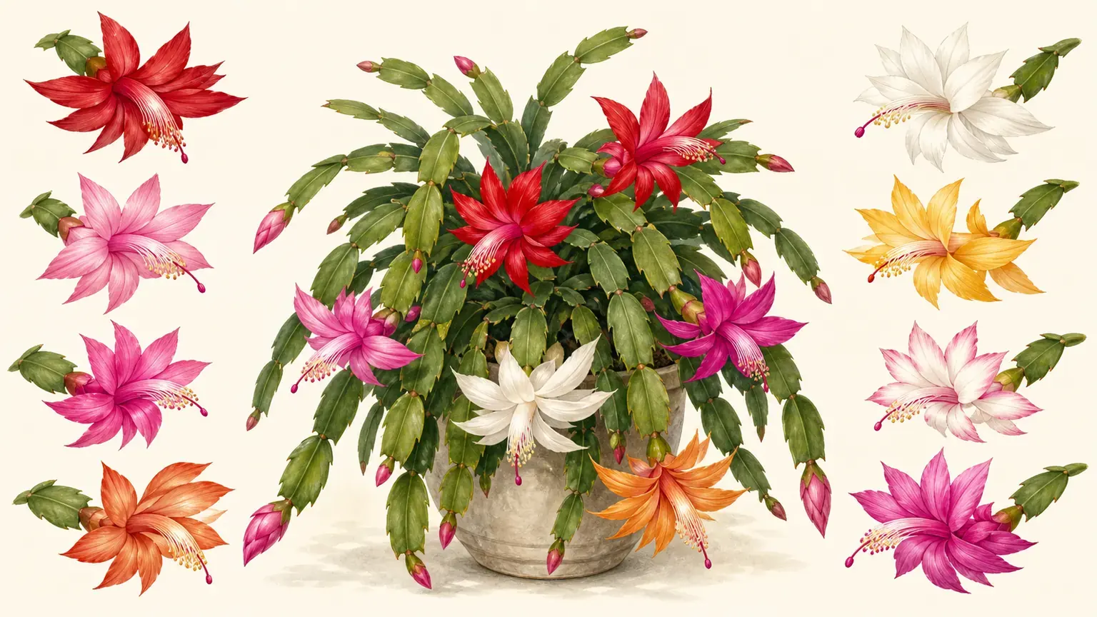 Illustrated Christmas cactus with red pink white orange and yellow flower color examples