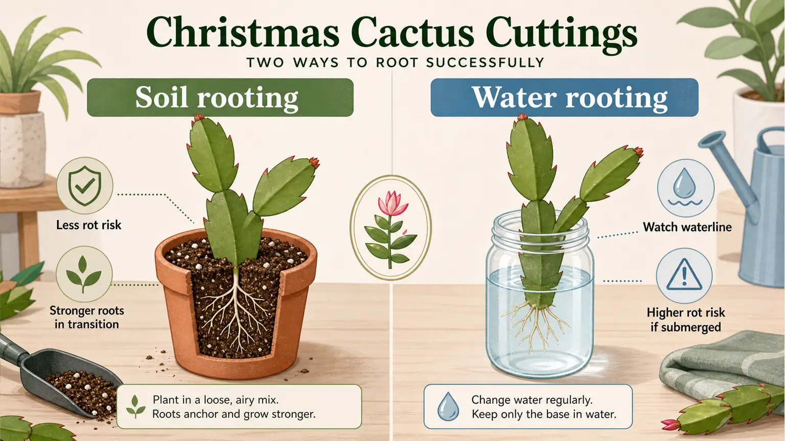 Premium Christmas cactus cutting guide comparing soil rooting and water rooting