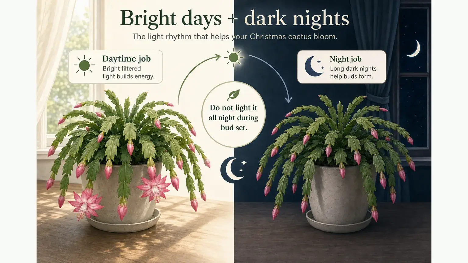 Labeled Christmas cactus bloom cue illustration showing bright daytime light and dark nights