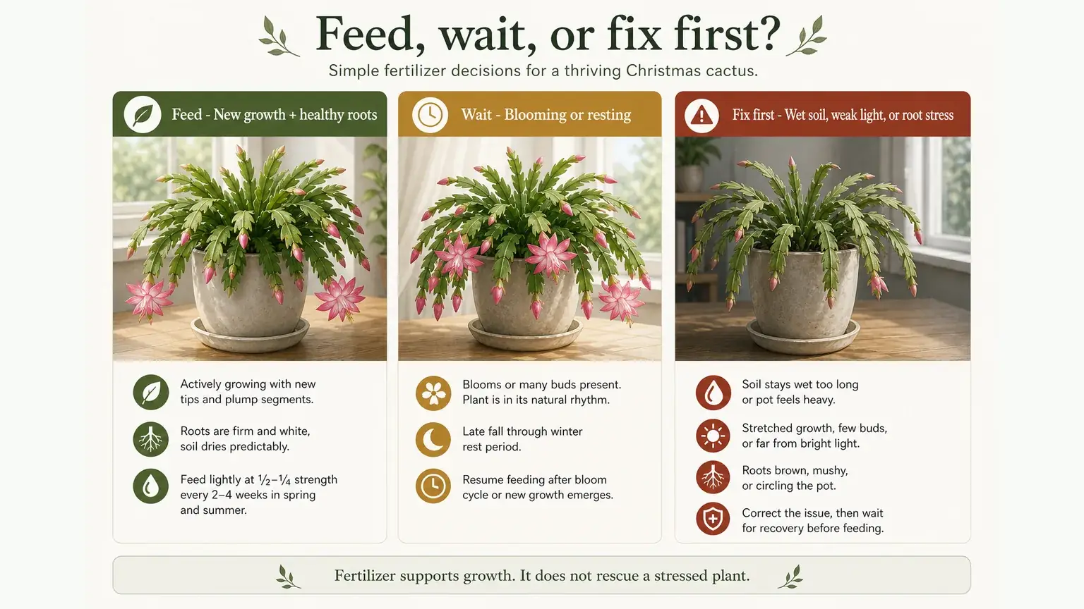 Labeled Christmas cactus fertilizer decision chart showing feed wait or fix first