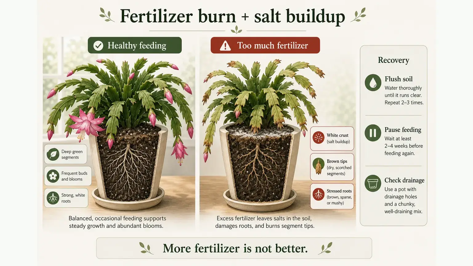 Labeled Christmas cactus fertilizer burn and salt buildup diagnosis graphic