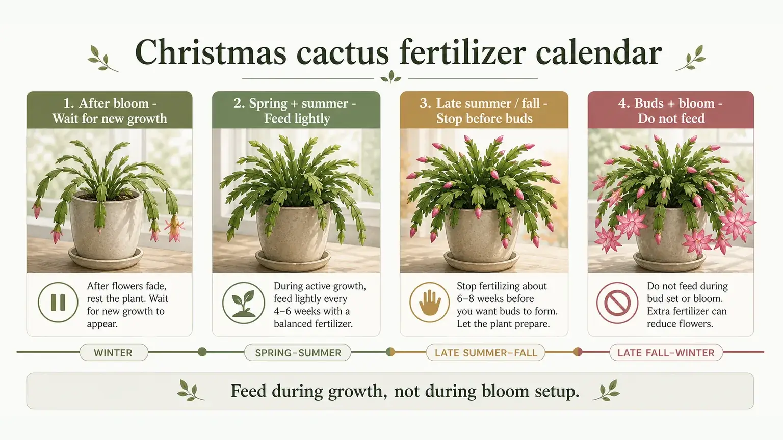 Labeled Christmas cactus fertilizer calendar showing when to feed and when to stop