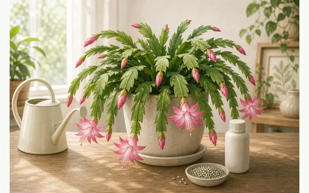Illustrated Christmas cactus with simple fertilizer supplies in bright filtered indoor light