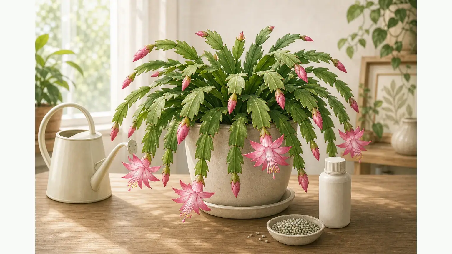 Illustrated Christmas cactus with simple fertilizer supplies in bright filtered indoor light