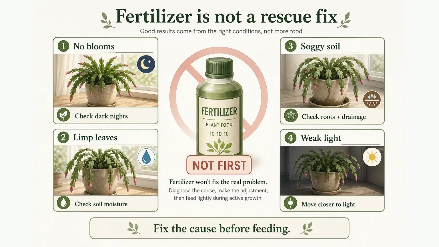 Labeled Christmas cactus infographic showing fertilizer is not a rescue fix for no blooms limp leaves soggy soil or weak light