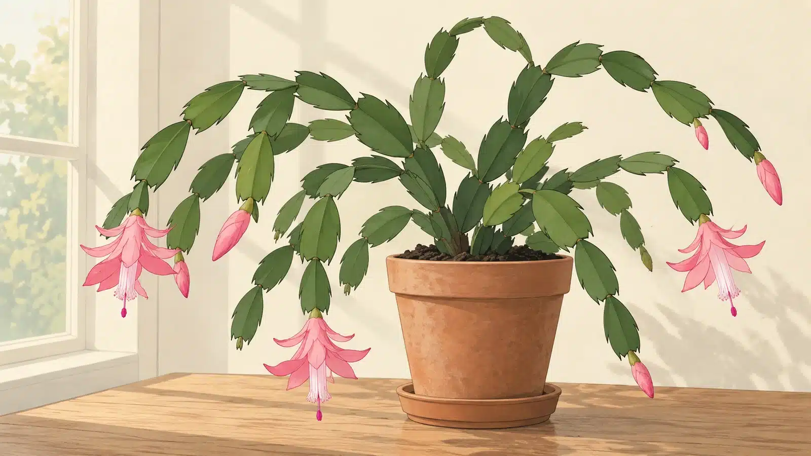 Botanical illustration of a flowering holiday cactus in a clay pot beside a softly lit window.