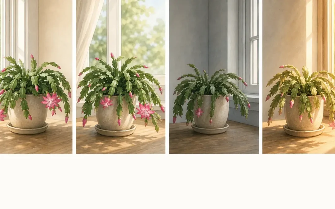 Illustrated Christmas cactus near a bright filtered window for indoor light requirements