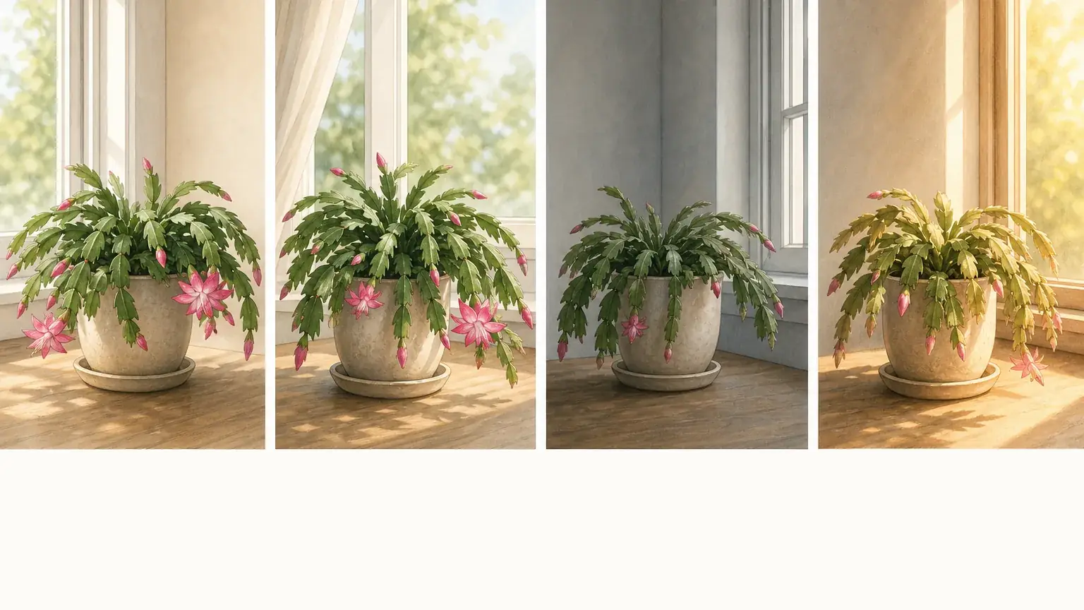 Illustrated Christmas cactus near a bright filtered window for indoor light requirements