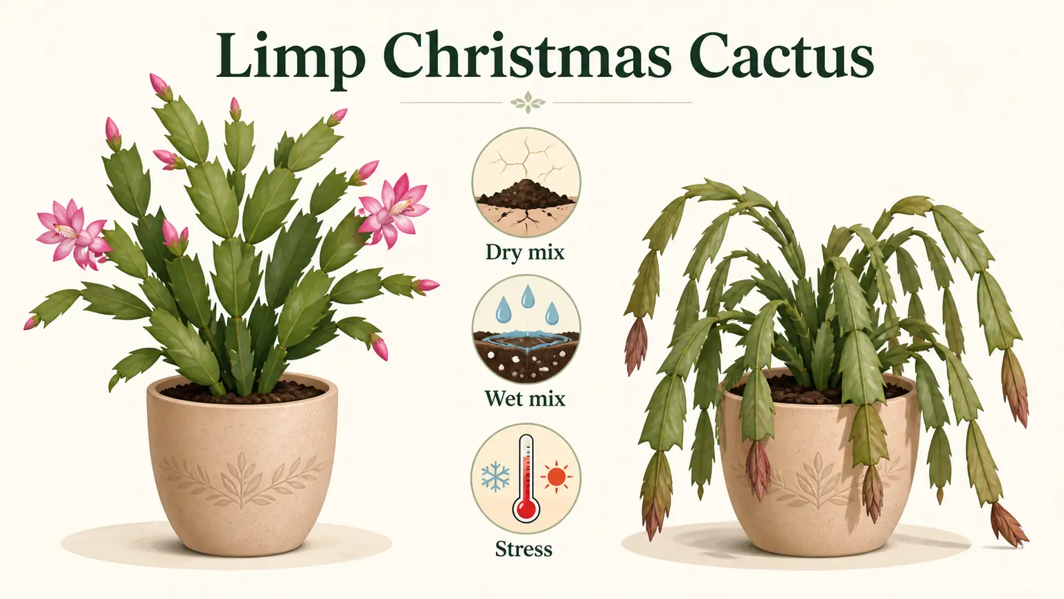 Illustrated Christmas cactus limp leaves diagnosis with dry mix, wet mix, and stress checks