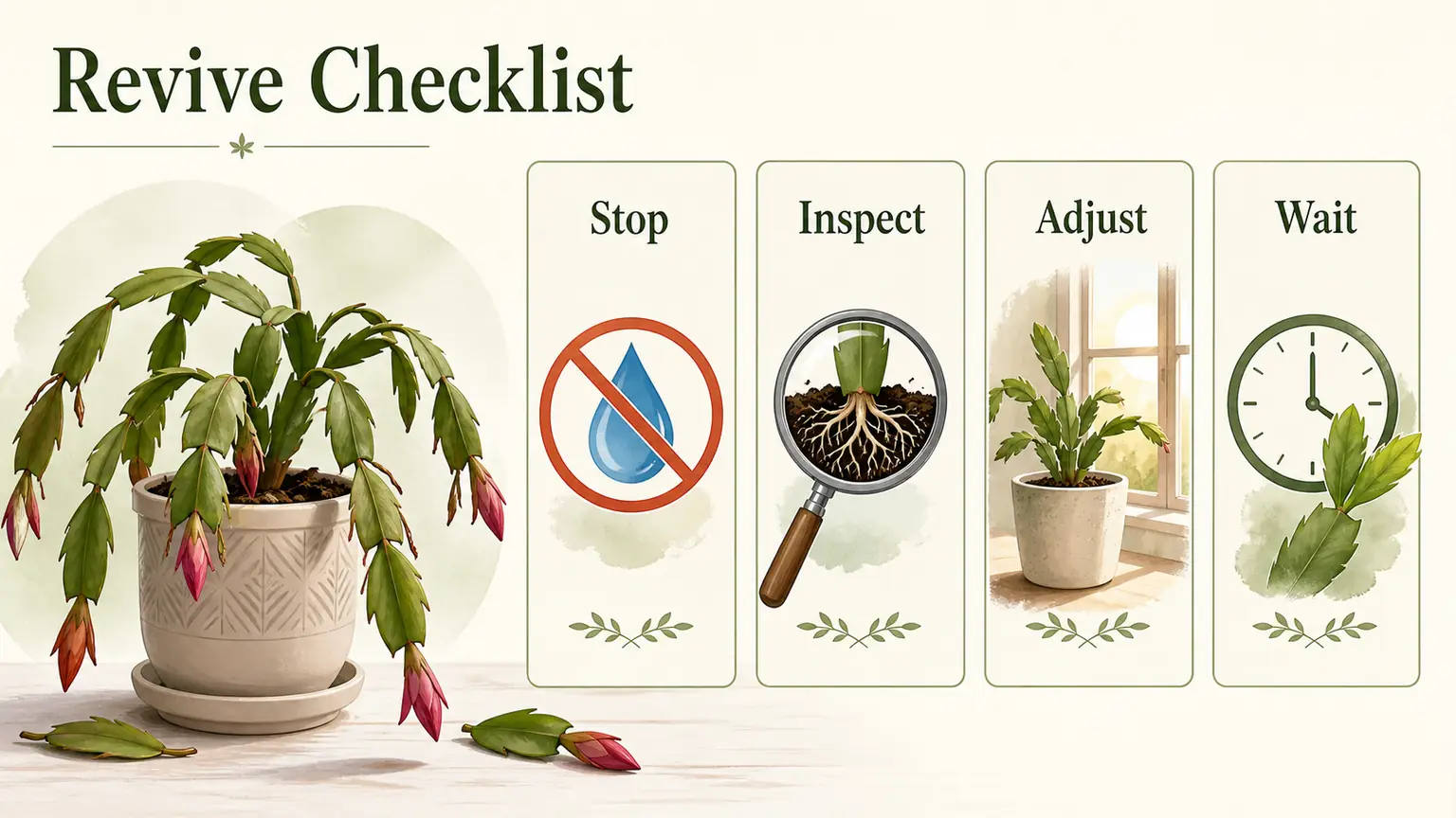 Illustrated revive checklist for limp Christmas cactus with stop, inspect, adjust, and wait steps