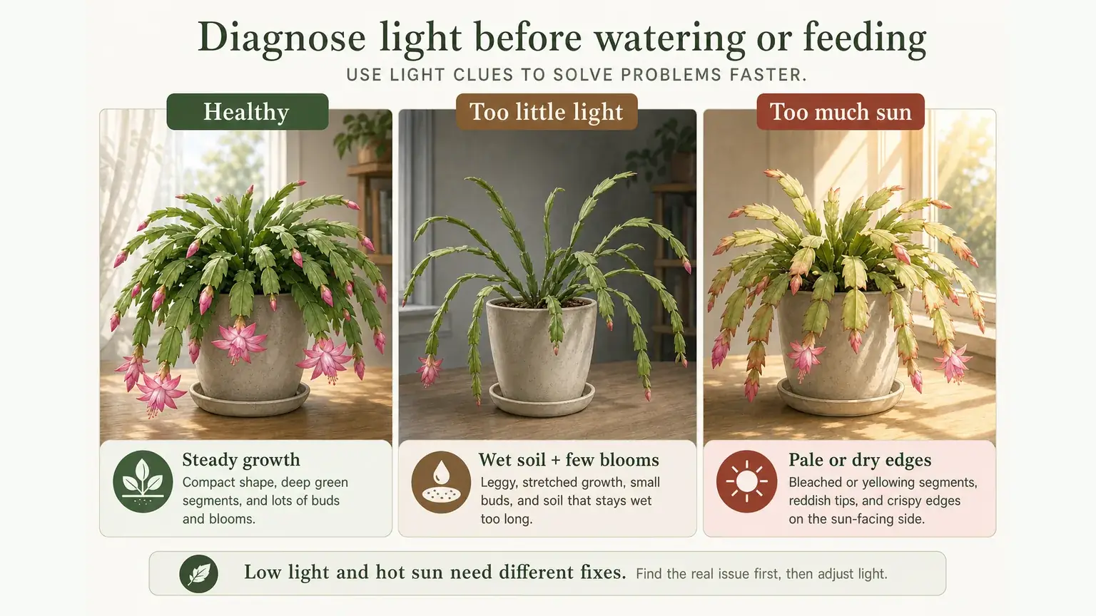 Labeled comparison of healthy Christmas cactus, too little light, and too much direct sun