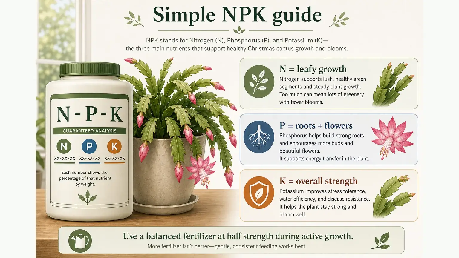 Labeled NPK fertilizer guide for Christmas cactus explaining nitrogen phosphorus and potassium