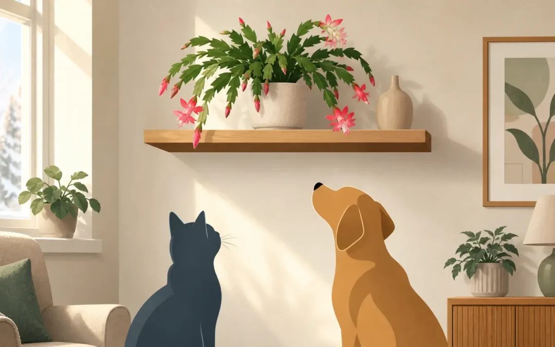 Illustrated Christmas cactus placed out of reach of a cat and dog in a pet home