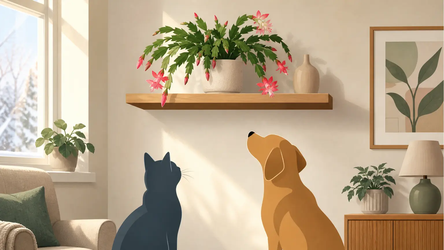 Illustrated Christmas cactus placed out of reach of a cat and dog in a pet home