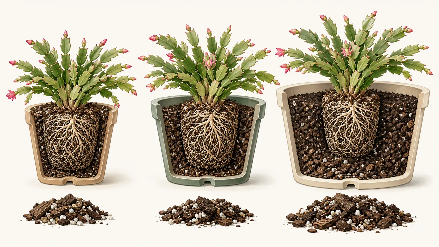 Cutaway comparison of same-size, one-size-larger, and oversized pots for Christmas cactus