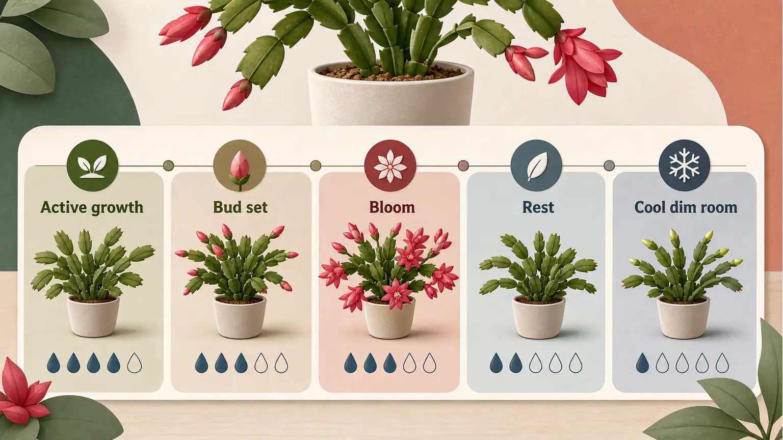 Editorial 3D Christmas cactus seasonal watering calendar for active growth, bud set, bloom, rest, and cool dim rooms