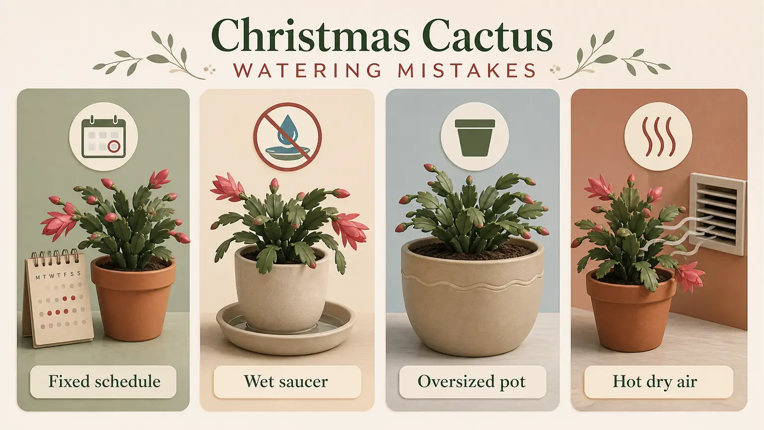 Premium illustrated Christmas cactus mistake guide showing wet saucer, oversized pot, and drying risks