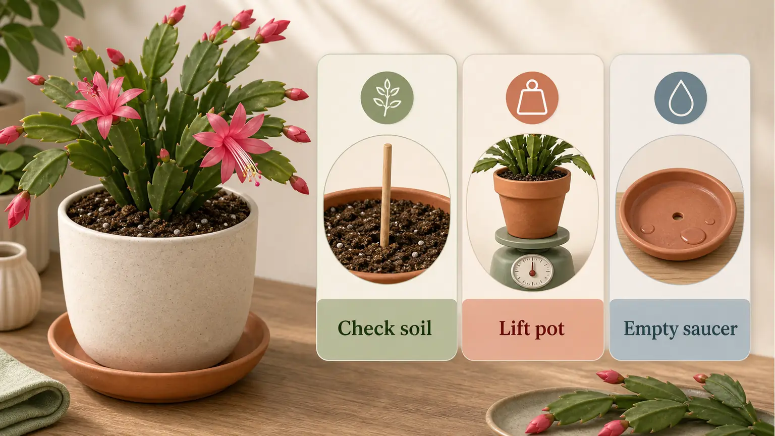 Premium Christmas cactus soil check guide showing soil, pot weight, and saucer drainage