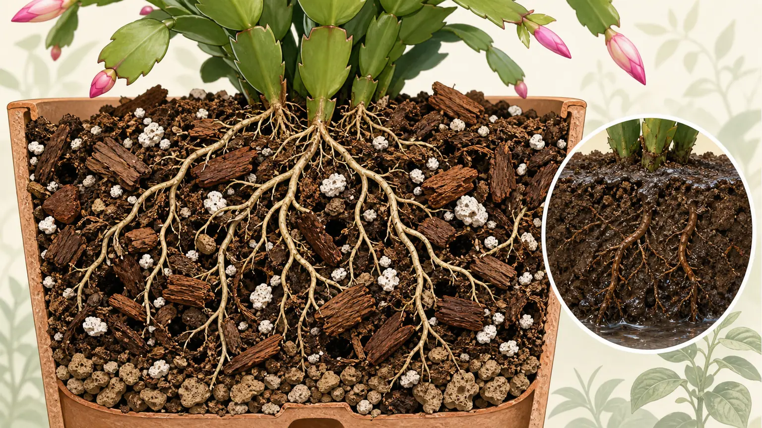 Cutaway of airy Christmas cactus potting mix with bark, mineral particles, roots, and air spaces